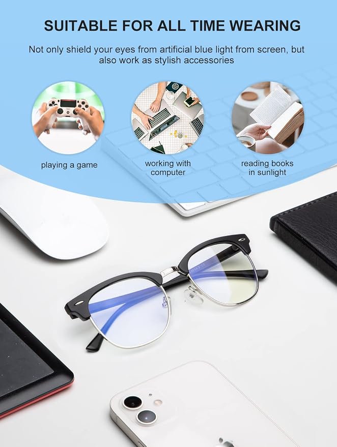 NSSIW Blue Light Glasses for Men and Women, Advanced Computer Gaming Glasses, Semi Rimless Glasses with Blue light Blocking