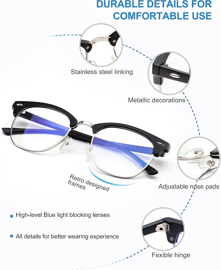 NSSIW Blue Light Glasses for Men and Women, Advanced Computer Gaming Glasses, Semi Rimless Glasses with Blue light Blocking
